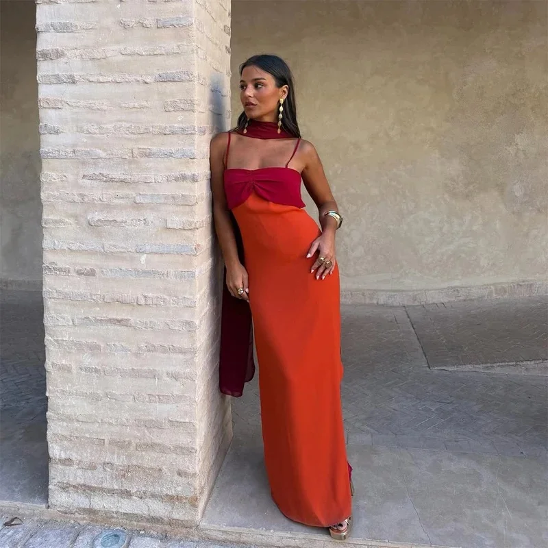 Color Blocking Scarf Collar Suspender Women Maxi Dress Side Split Sleeveless Backless Elegant Evening Dresses Lady Party Robe