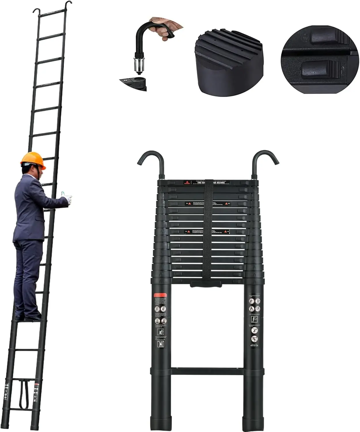 

20FT Telescoping Ladders with 2 Hooks, Heavy Duty Aluminum Collapsible Ladder Load 330 LBS Capacity, Non-Slip Feet