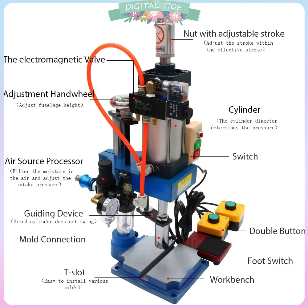 Pneumatic Punch Press Machine 440Lb/200KG Desktop Pneumatic Punching Press Machine with with 2 Buttons Controlle 220V 110V
