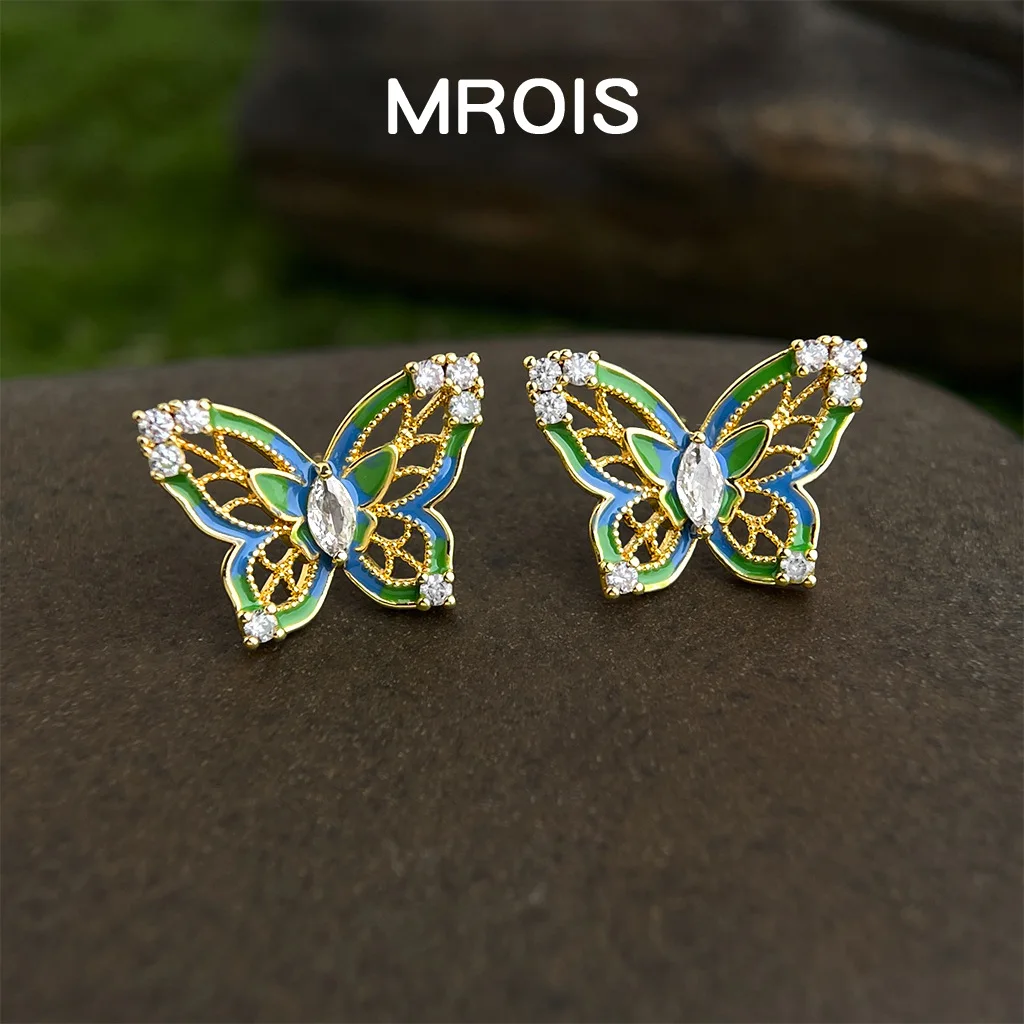 Green Forest Elf~ Plated 18k real gold blue-green gradual change drop glaze hollow butterfly zircon earrings Mori literary earri