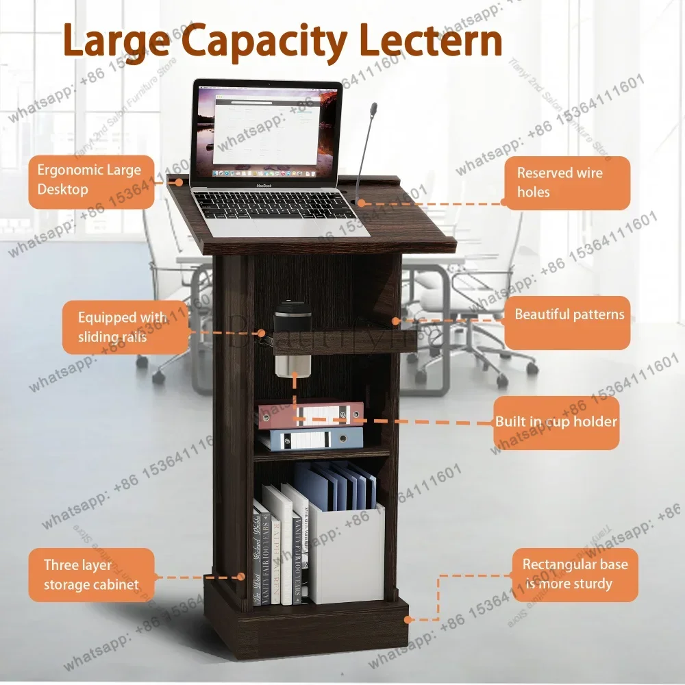 LSWood Podium Stand, Wooden Lectern with Mic Stand Space, 1 Sliding Shelf with Cup Holder and 1 Fixed Shelf, for Churches Semina 3