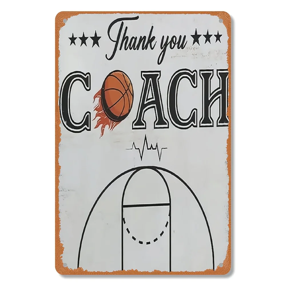 ، علامة قصدير معدنية لتقدير كرة السلة القديمة - لوحة فنية جدارية عتيقة "شكرا لك مدرب" مع لمسة نهائية باللونين الأبيض والبرتقالي المتعثرة