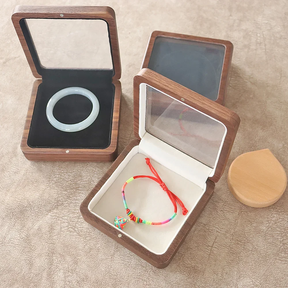 HeMu Wooden Jewelry Box with Clear Window, Magnetic Closure Bracelet Bangle Storage Case, Velvet Lined Gift Box for Jewelry