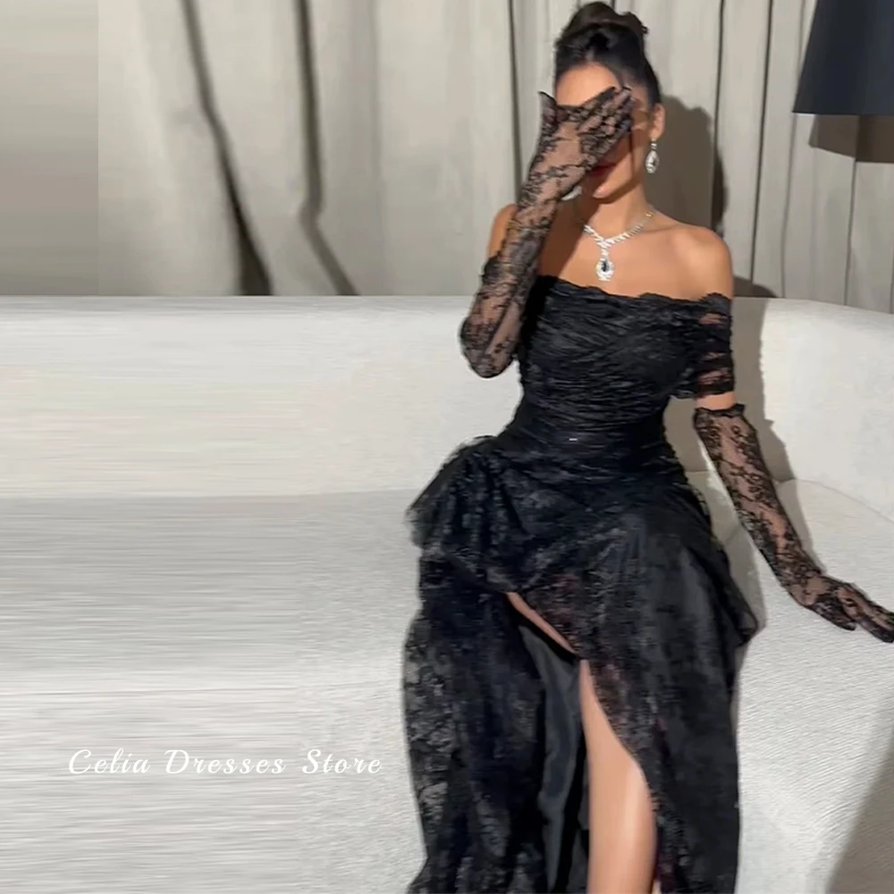 Black Lace Customized Prom Dresses Exquisite Off the Shoulder Evening Dress Sweep Train High Split Special Occasion Gowns