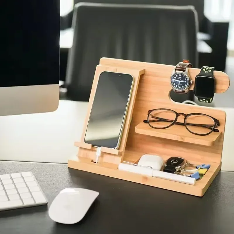 Bamboo Desk Storage Organizer-Wooden Phone Docking Station and Nightstand for Men, Watch Key Holder,