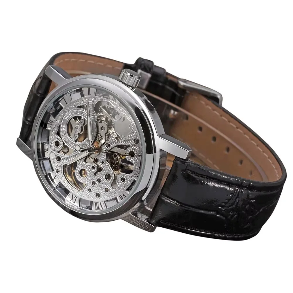 WINNER  Fashion trend men's and women's watches leather strap hollow dial automatic mechanical watches