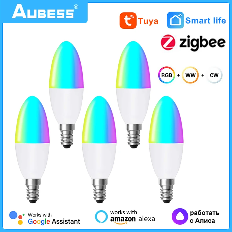 Zigbee Smart Light Bulb E14 Candle Lamp RGB+CW 5W Tuya Smart Life APP Voice Control Compatible Alexa Google Home Alice Dimmable