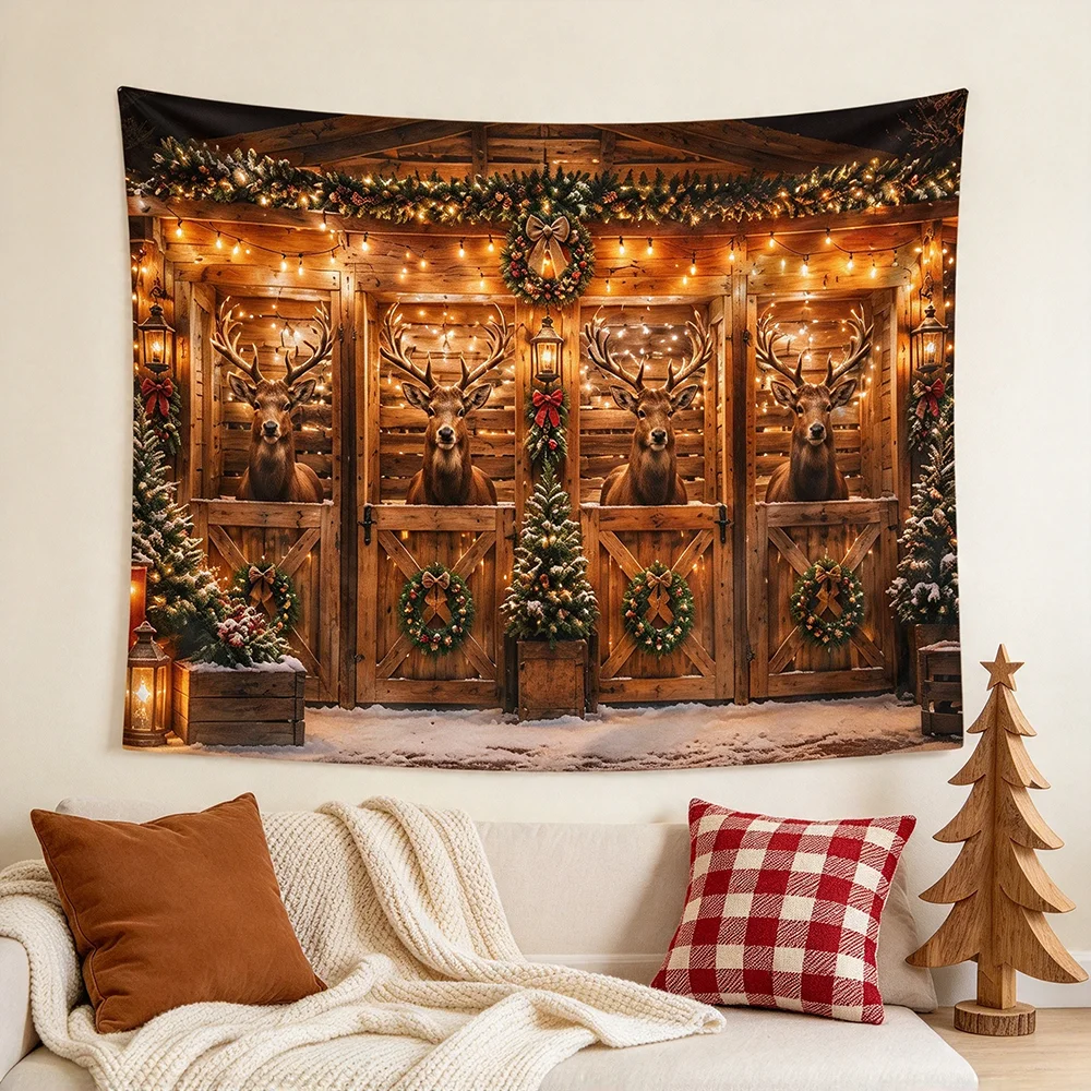 1PCS Tapestry, Reindeer Wooden Stable Lights Wreath Scene, Holiday Party Decoration for Home Studio Wall