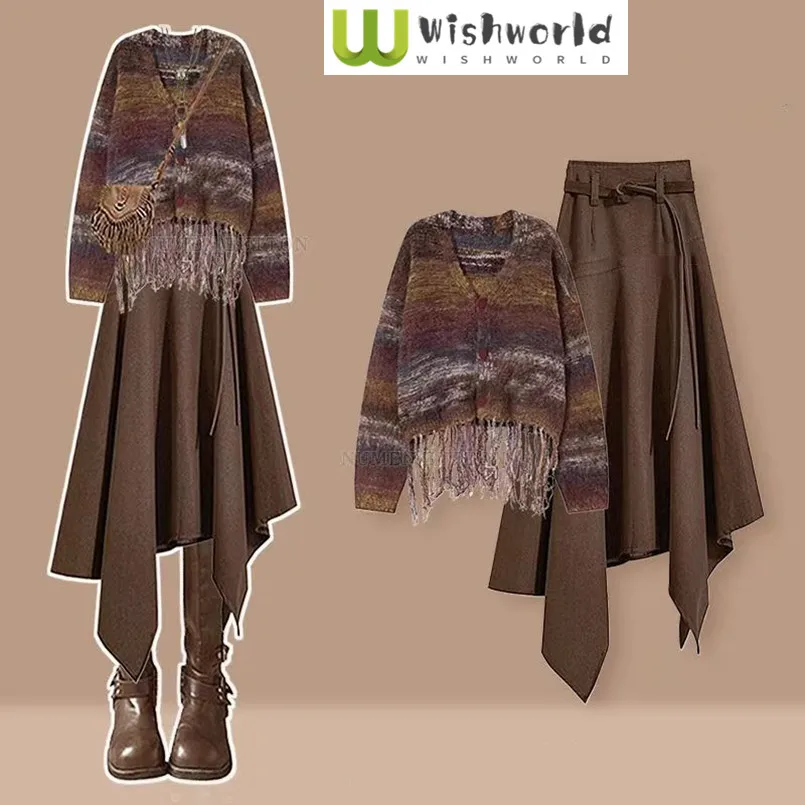 Spring and Autumn New Vintage Knitted Cardigan+Reduced Age Half Skirt Elegant Women's Two Piece Set