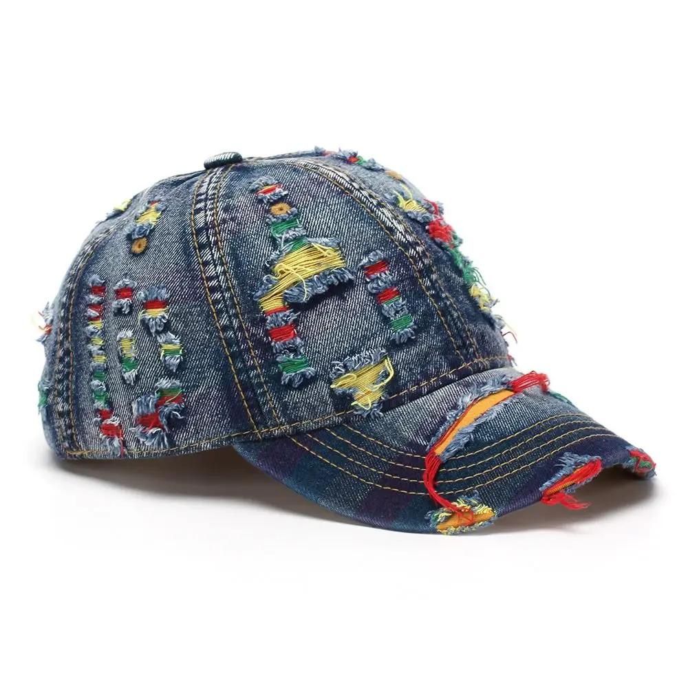 Vintage Denim Baseball Cap Visor Colorful Lines Peaked Cap Adjustable Tear Style Hole Hat For Man Women Outdoor Streetwear