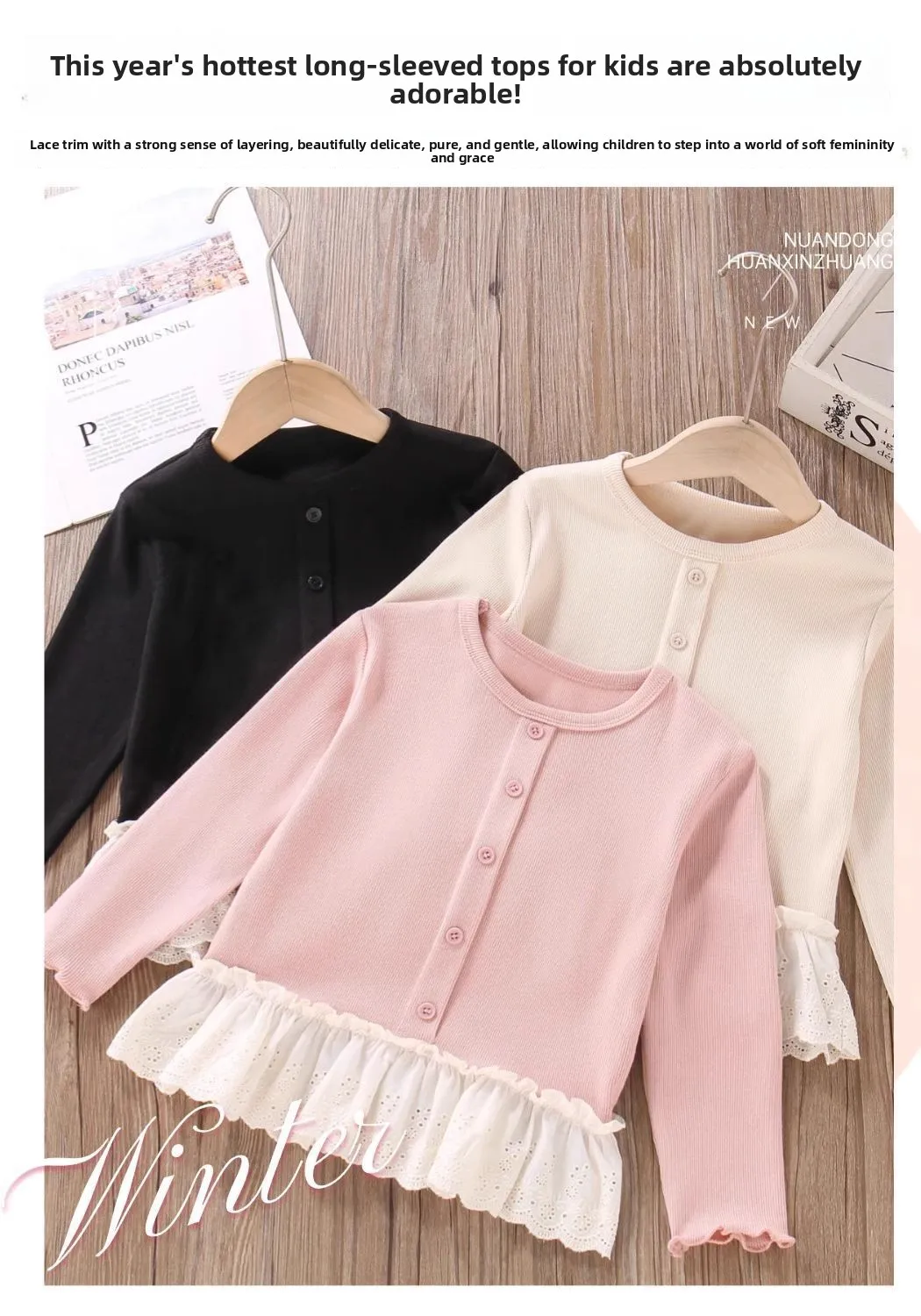 Herbst Neuheiten Mädchen T-Shirts mit Knöpfen Spitzen-Patchwork Langarm-Blusen Bequeme Oberteile für Kinder Mädchenkleidung – Detail 5