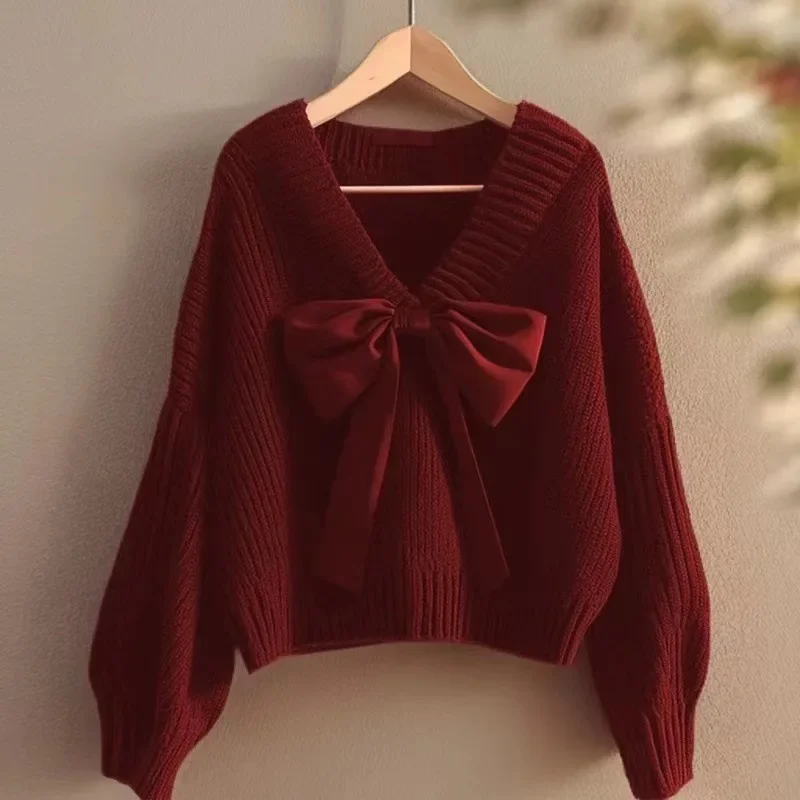 2024 Red Bowknit Sweater Idle Style Autumn Collection Women's Top New Design Unique Super Cool Looking Pullovers