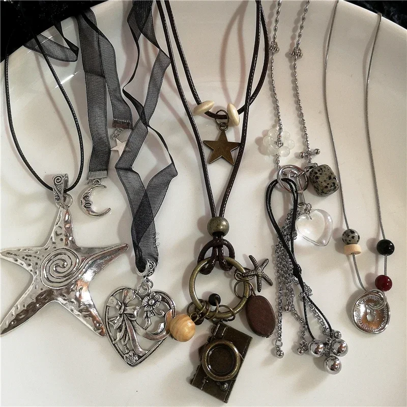 

Punk Large Metal Starfish Heart Geometry Pendant Rope Chain Necklace For Women Men Fashion Vintage 90s Grunge Jewelry Accessory