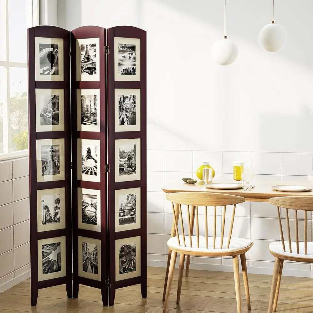 Walnut 3-Panel Photo Room Divider, Ideal for Separation, Suitable for 8x10 Photos Without Mat or 5x7 Photos With Mat, Perfect Mo