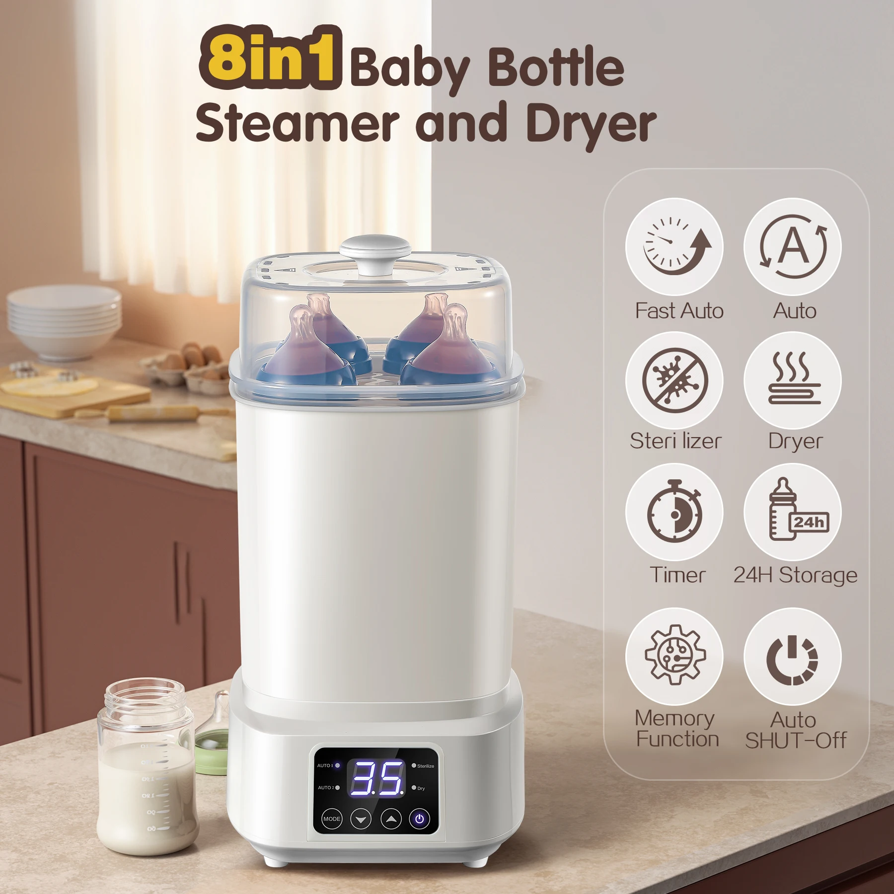 8-in-1 30-min Fast Drying, Compact for Travel‌ Baby Bottle Sterilizer & Dryer