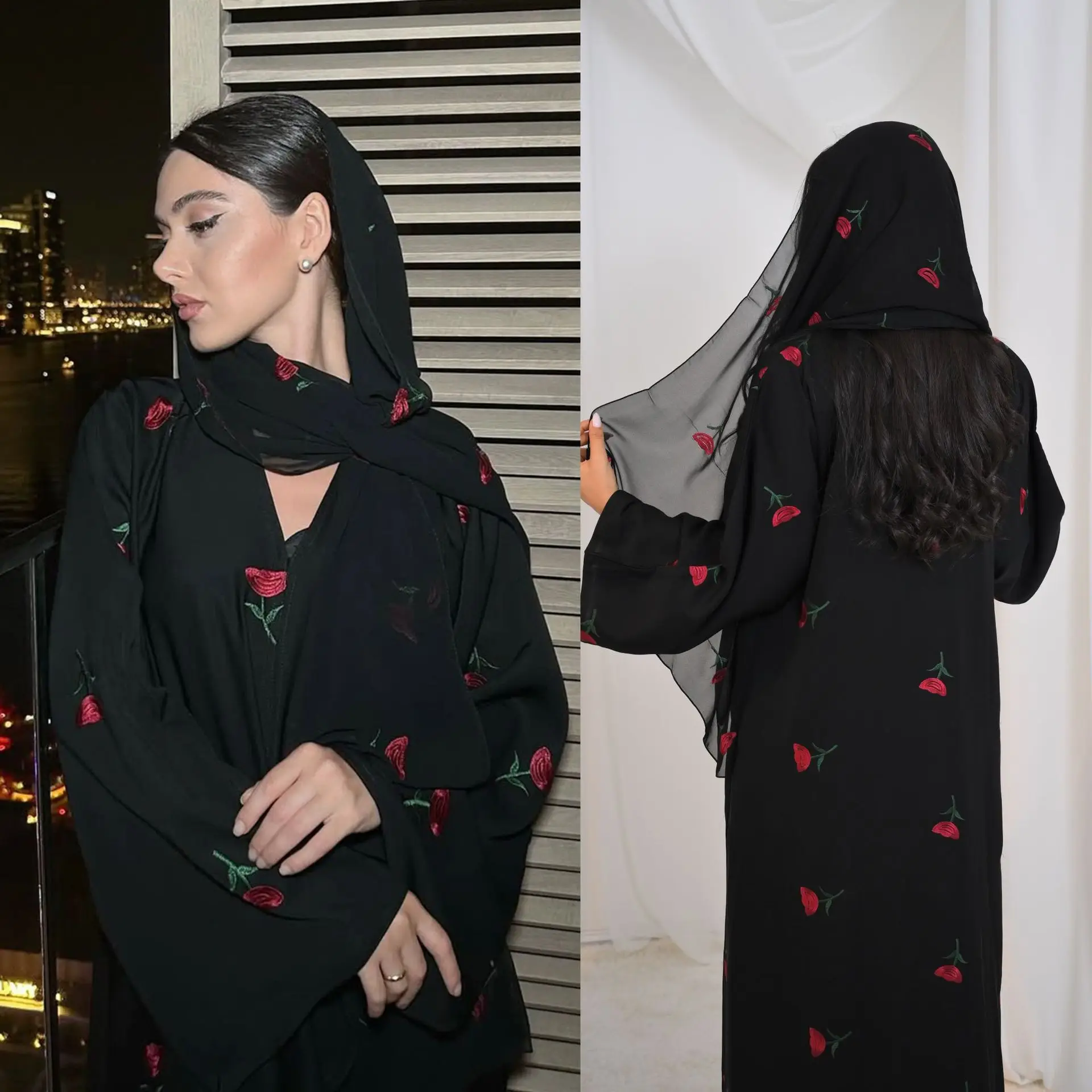 

Dubai 2025 Women's Summer Floral Embroidery Abaya Hijab Set Abaya Manufacturer 2 Pcs Set Islamic Clothing Muslim Women Abaya