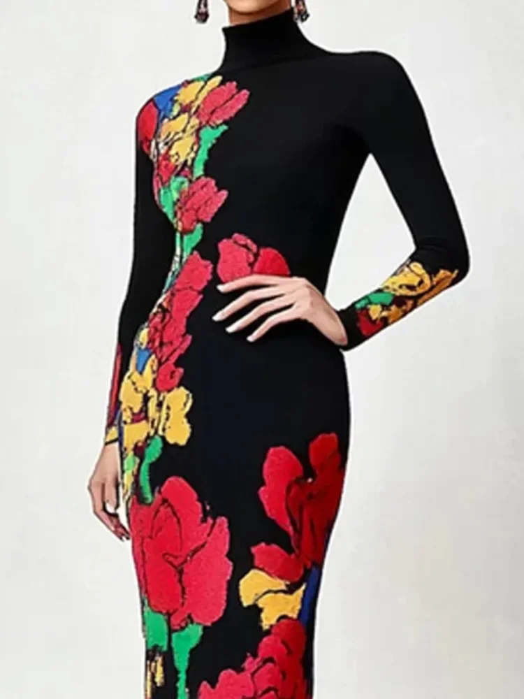 Yeezzi Vintage Elegant Multi-Colored Floral Printed Evening Dresses Women 2024 New Long Sleeves High Neck X-shape Party Dress