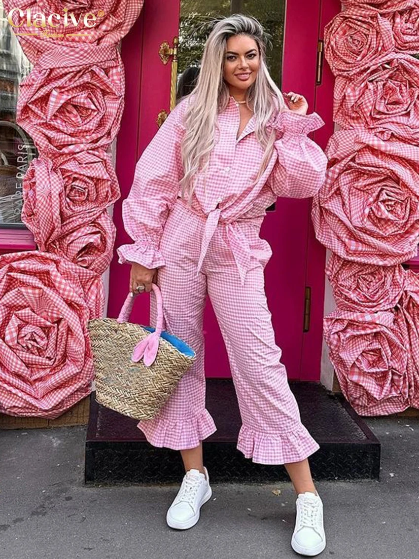 

Clacive Fashion Loose Pink Plaid 2 Piece Set Woman Outfit 2025 Elegant Long Sleeve Shirt With High Waist Ruffle Pants Set Female