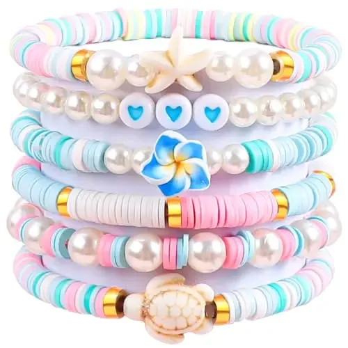 6PCS Clay Bead Bracelets for Teens Girls Preppy Cute Bracelets  Set Colorful Evil Eye Polymer Pearl Beaded Stretch Bracelets