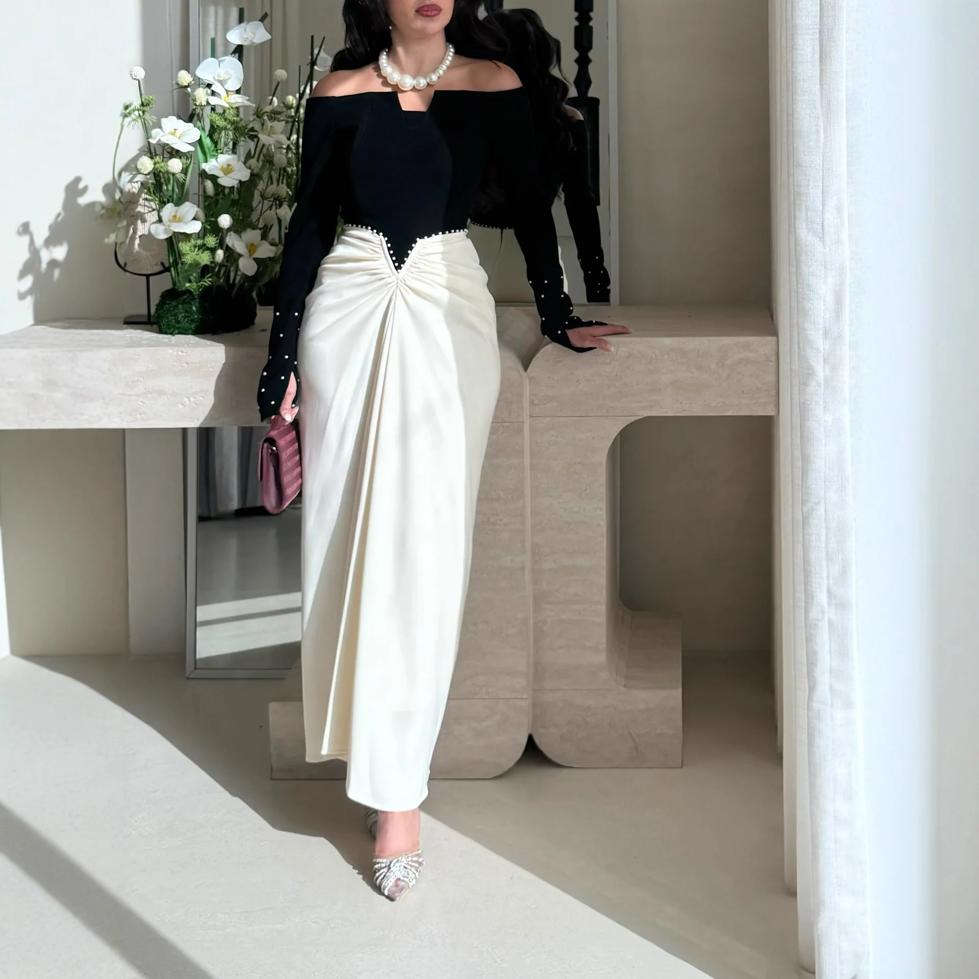 2026 Spring Europ-American Women Elegant Black White Patchwork Bodycon Maxi Dress Off Shoulder Beaded Embroidery Evening Gown