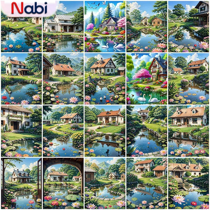 

Nabi DIY алмазная живопись дом полная круглая Алмазная мозаика озеро сад вышивка деревенский пейзаж настенное искусство