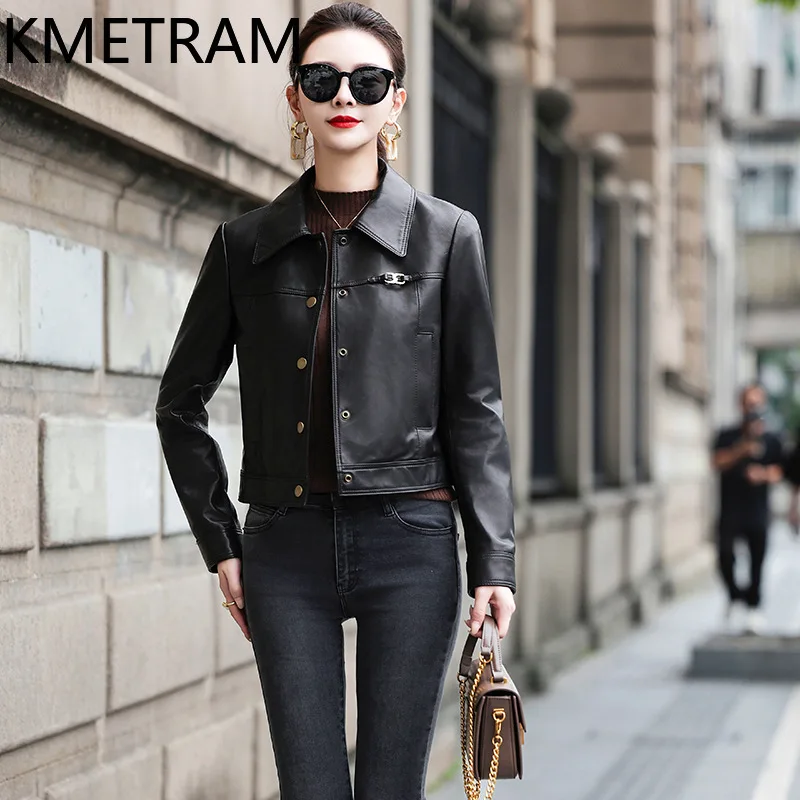 100% Real Sheepskinแจ็คเก็ตผู้หญิงสบายๆสีดําสั้นของแท้หนังแจ็คเก็ตใหม่ในOuterwearsฤดูใบไม้ร่วงเสื้อผ้า 2025 ผู้หญิงбка