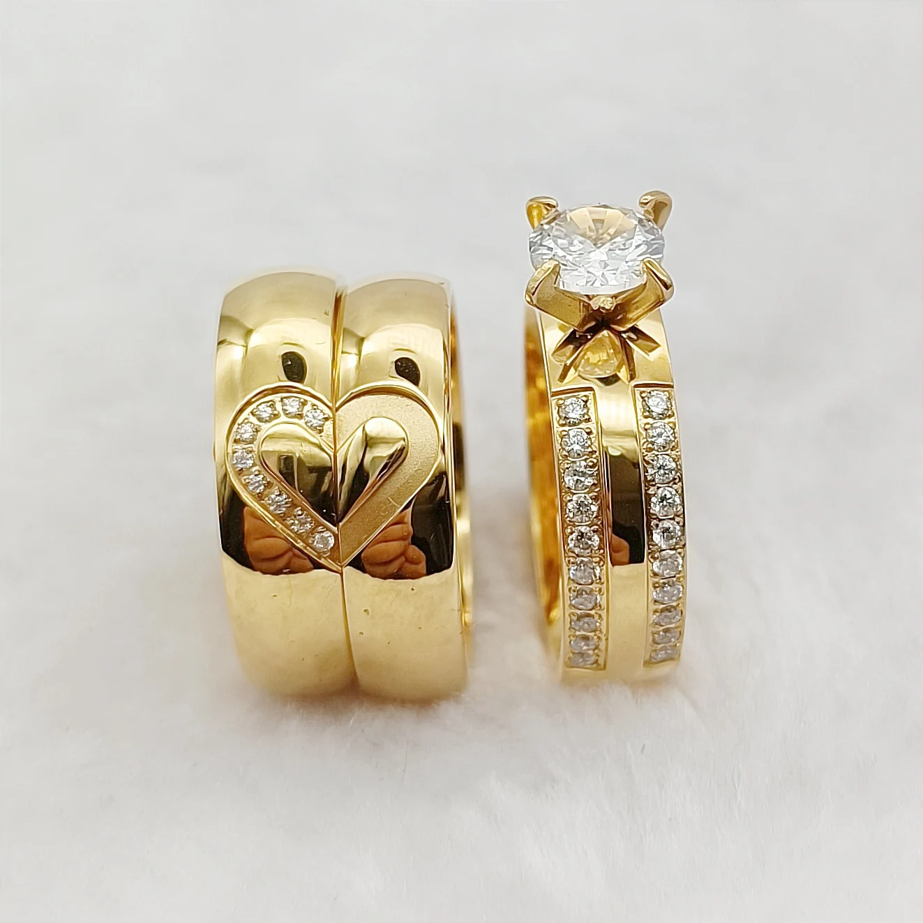 

3pcs Anniversary Special Gifts Heart-Shaped Wedding Bands Engagement Rings Sets For Couples Love Alliance 24k Gold Plated