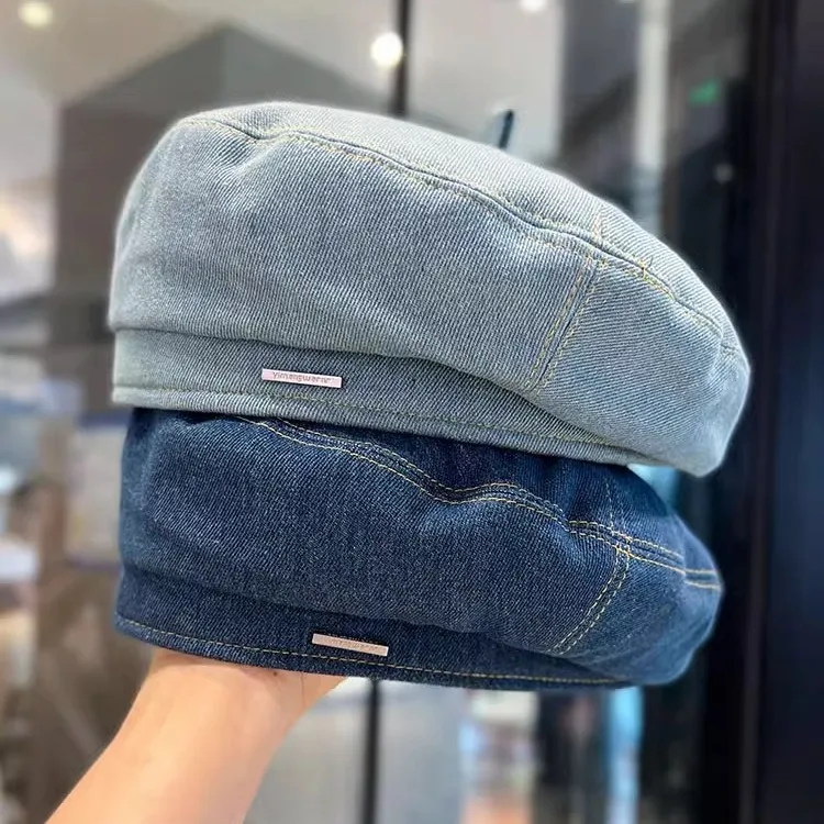 

New Denim Beret Hat for Women Vintage Washed Blue Jeans French Style Painter Cap Fashion Beanie for Spring Summer