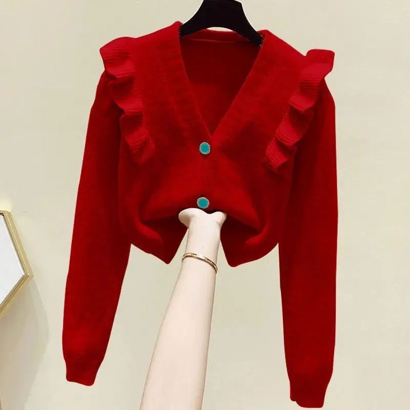 2023 Autumn and Winter Women\'s V-NeckPatchwork Knitted Cardigan Solid Color Sweater Loose Fashion Elegant Long Sleeve Tops