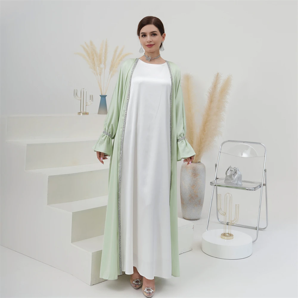 2 Stück Satin Abaya Kimono passende muslimische Sets Perlen eid offene Abayas für Frauen Dubai Truthahn Innen kleid islamische bescheidene Outfits