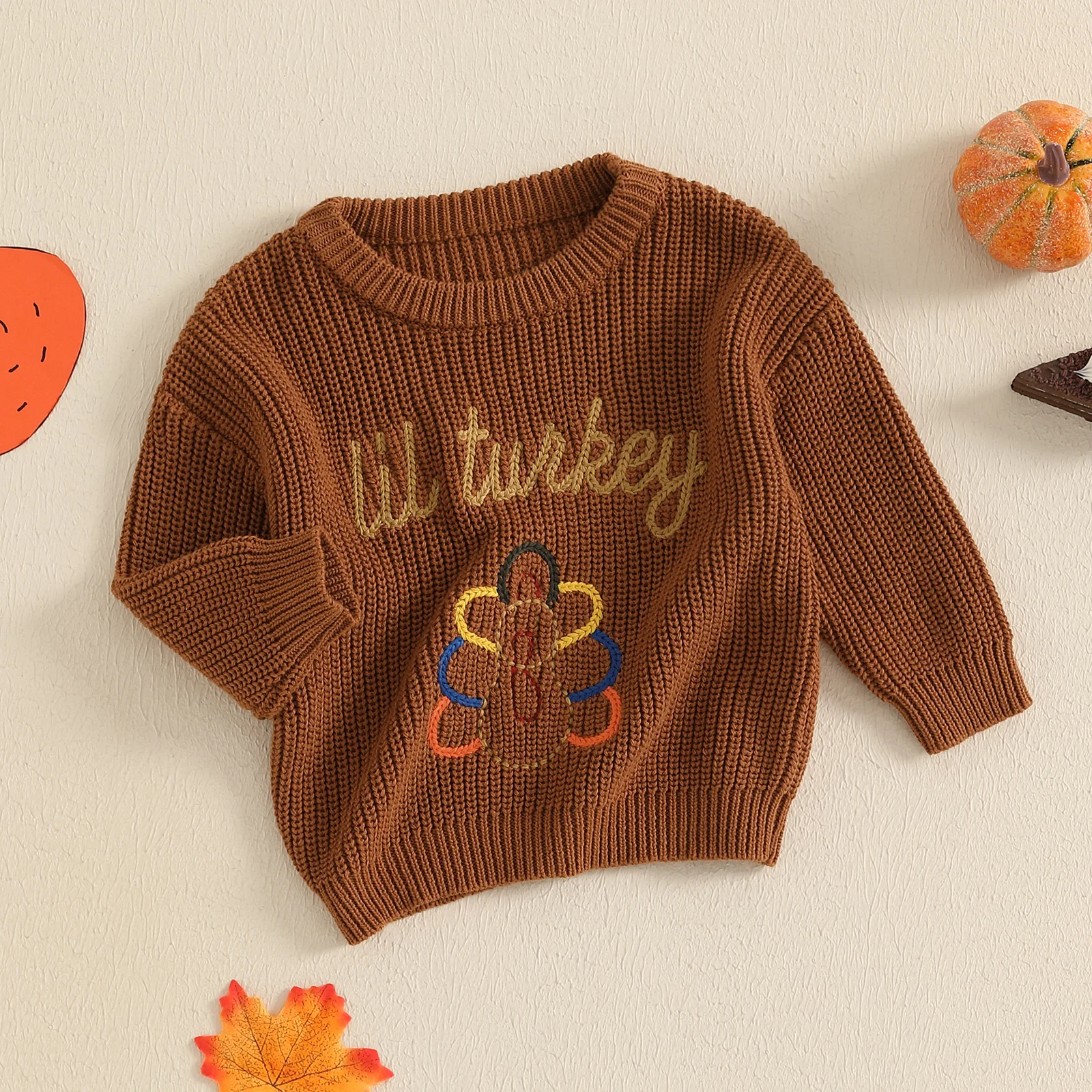 2024-07-30 Lioraitiin Toddler Thanksgiving Sweater Casual Letter Turkey Embroidery Warm Knitted Long Sleeves Pullover Knitwear