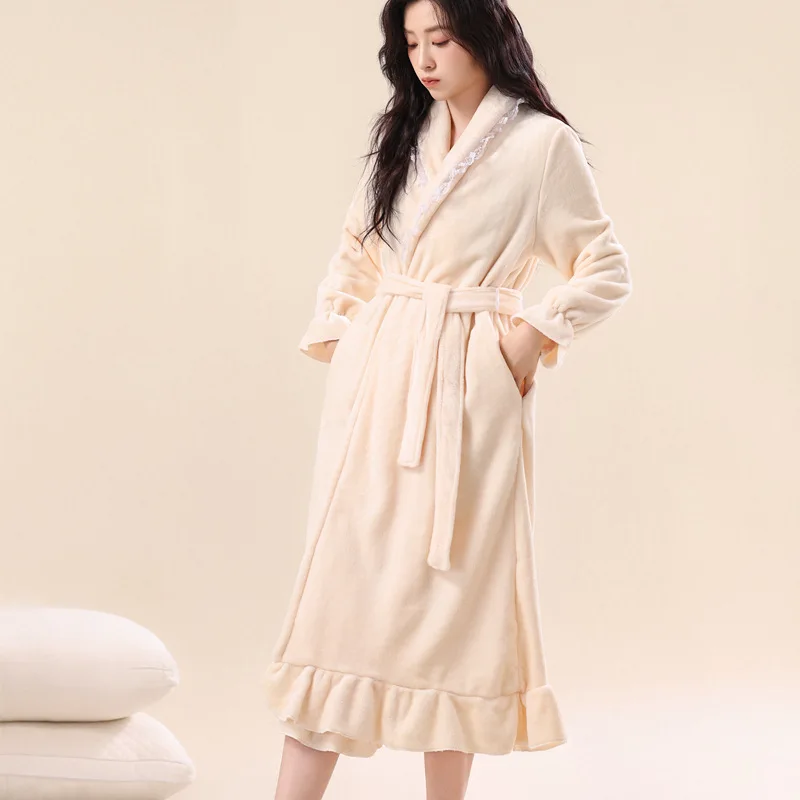 Ladies Autumn Winter Thickened Flannel Robe Sexy Large Size Home Clothes Mid-Length Sleepwear Comfortable V-Neck Court Style
