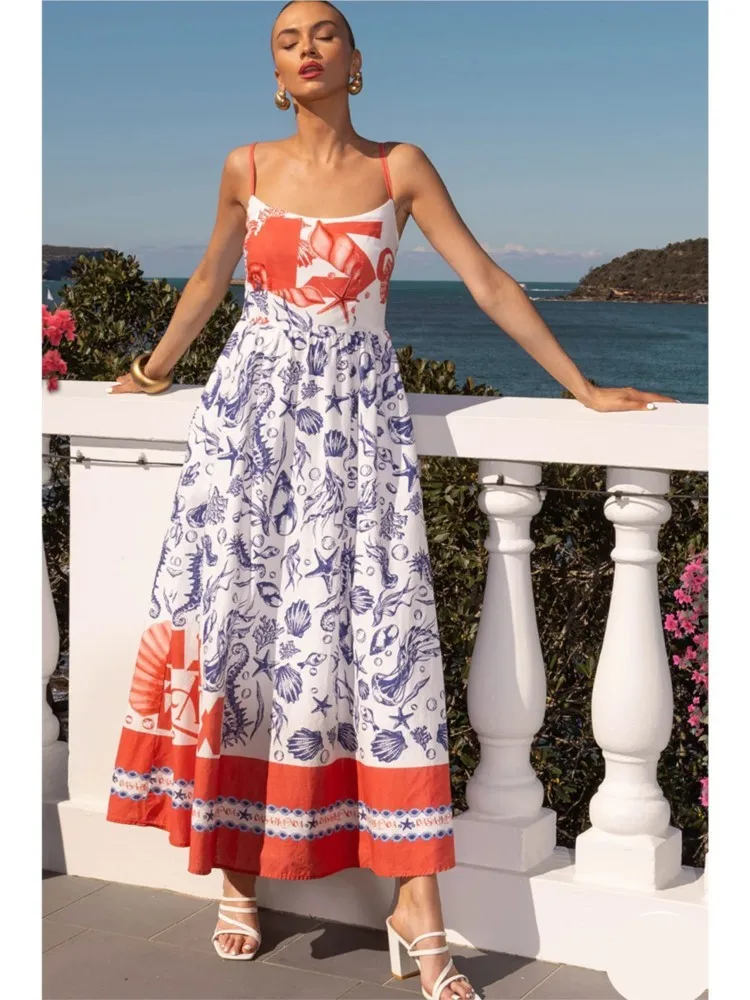 

Summer Cover Ups Women Swimsuit Spaghetti Strap Robes Bathing Suit 2026 New Flower Printing Beach Holiday Maxi Dresses Cover-Up