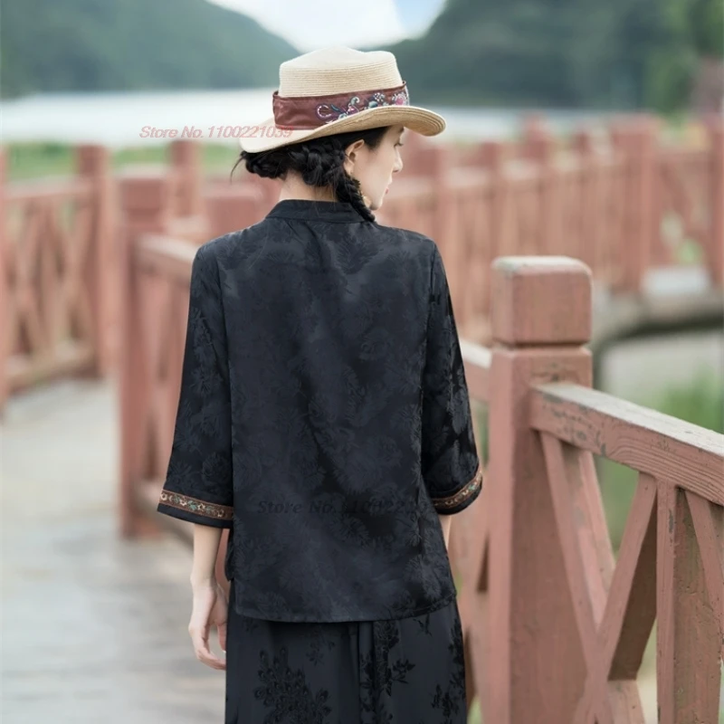 بلوزة صينية عتيقة لعام 2025 بلوزة جاكار مطرزة بالزهور الوطنية بياقة واقفة بلوزة هانفو العرقية الرجعية بلوزة شعبية سترة #3