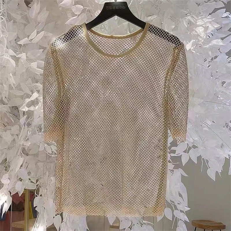 Oberbekleidung Damen T-Shirt 2026 Sommer Neue Damen Temperament Strass Rundhals Helles Sternenlicht Hohl Glänzendes Bodenbildungshemd – Detail 3
