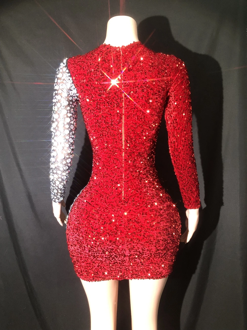 Sexy malha vestido curto com strass brilhante, vestido de noite transparente, baile comemorar, aniversário show, desgaste do palco, strass vermelho