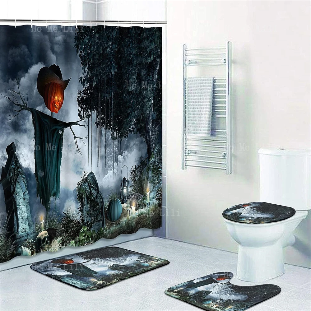 Halloween Landscape Tombstone Candle Scarecrow Non-Slip Carpet Toilet Seat Lid And Bath Mat Bathroom Decoration Set