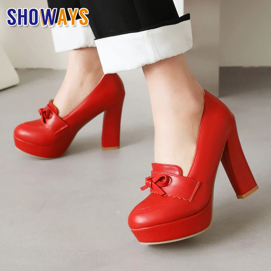 

Модные женские туфли-лодочки на платформе с бантом, красные, розовые туфли из микрофибры на высоком массивном каблуке, вечерние офисные женские туфли без шнуровки с круглым носком, лоферы