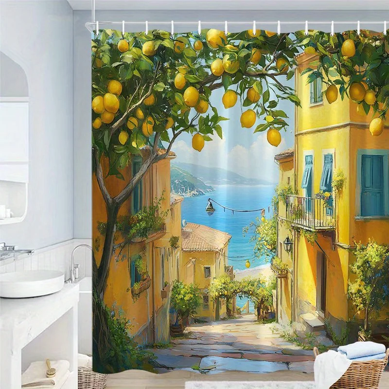 Waterproof Lemon Tree Mediterranean Shower Curtain European Italian Coastal Bathroom Decor Tapestry