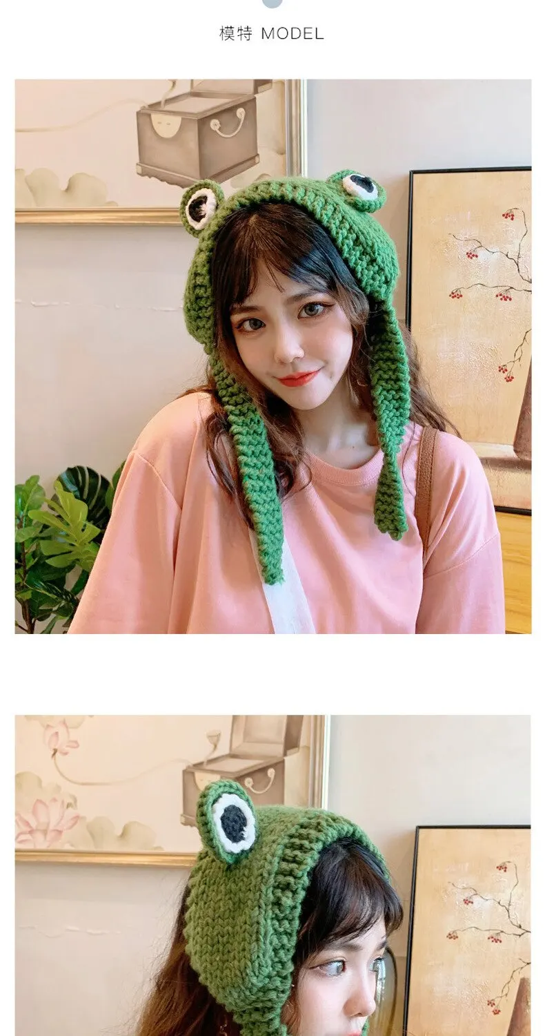 Frog Headband Handmade Wool Knitted Hat Winter Warm Sweet Cute Ear Hat For Women