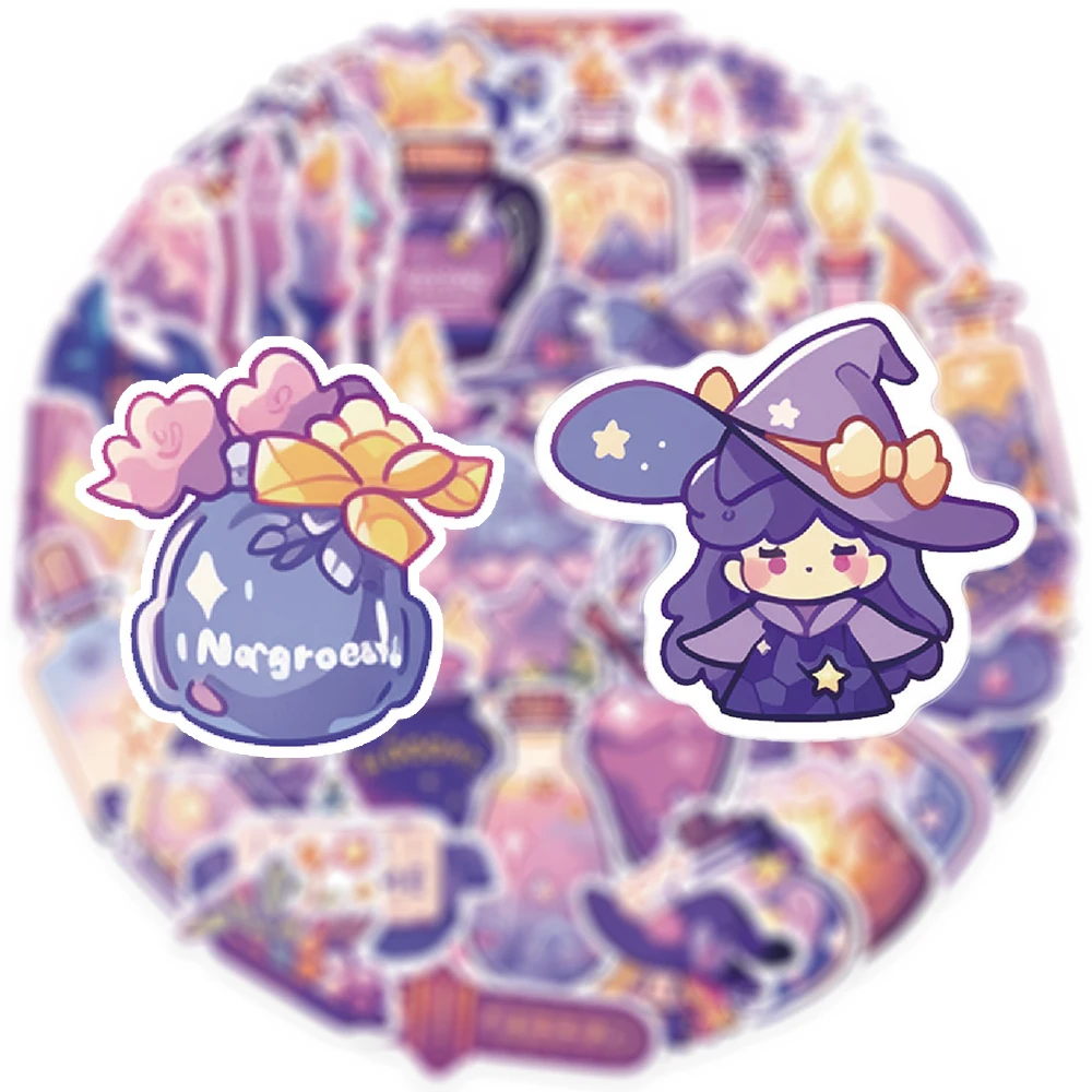 

10/30/50pcs Kawaii Purple Magic Potion Graffiti Stickers Cute Cartoon Witch Decals DIY Scrapbook Luggage Phone Sticker Packing