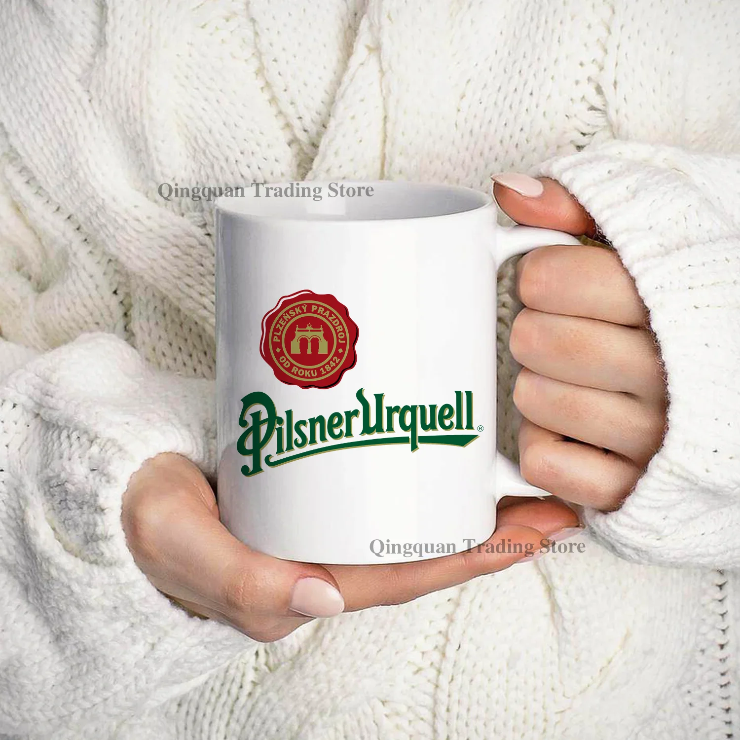 Pilsner Urquell Beer Enamelled cup Coffee Mug 11oz Fun Ceramic Coffee Tea Cocoa Cup Handle Tea Drink Cup