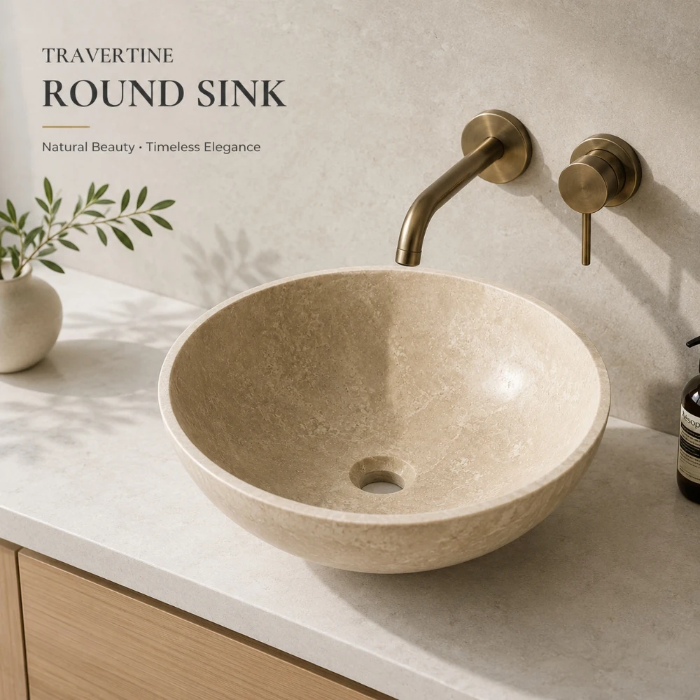 #￥Luxury Handcrafted Beige Travertine Round Vessel Sink Natural Stone Countertop Bathroom Vanity Hotel Project Custom