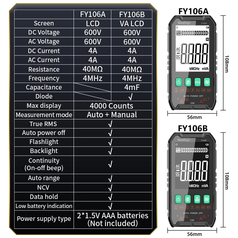 جهاز قياس متعدد رقمي RMS حقيقي المدى تلقائيًا من MASTFUYI للمحترفين والمبتدئين، قياس تلقائي عالي السلامة، كشف NCV #6