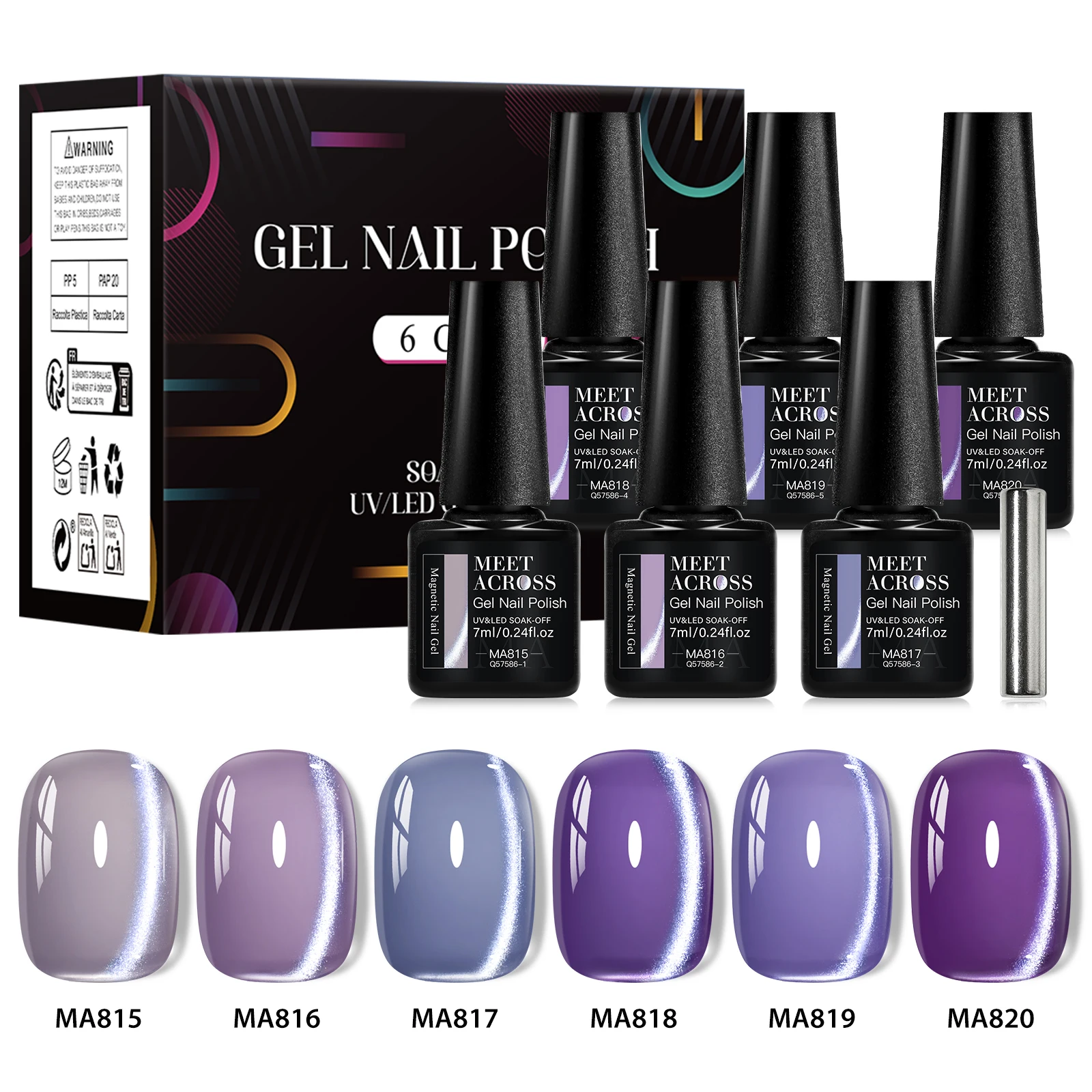 7PCS/SET Rainbow Glitter Cat Eye Magnetic Nail Polish Set Starry Sparkle Chameleon Laser Mix Varnish Nail Salon Kit With Magnet