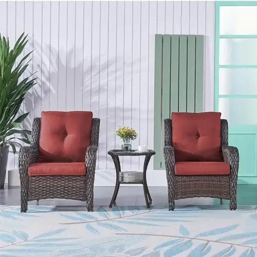 3-Piece Wicker Bistro Set with Chair & Side Table (Brown/Red)