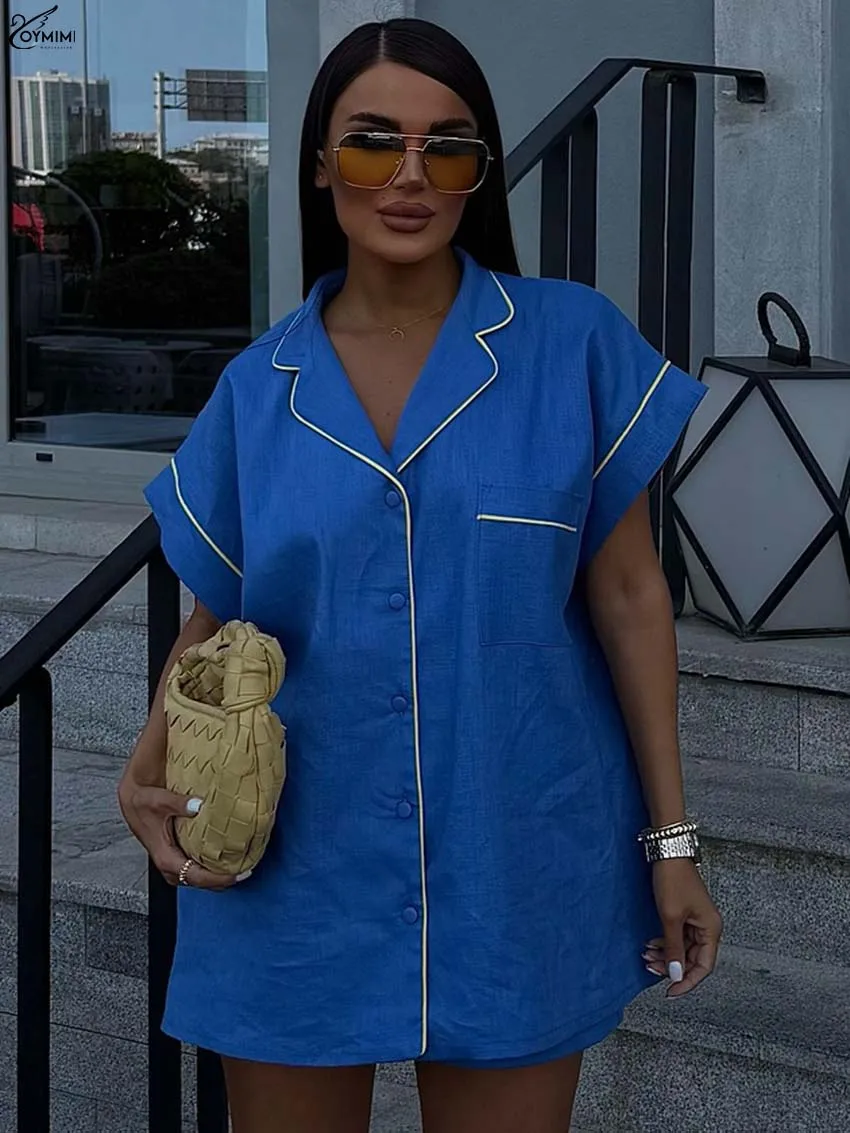 

Oymimi Casual Blue Cotton Women' S Clothes 2 Piece Sets Summer Patchwork Short Sleeve Button Pockets Shirts + Shorts Female Sets