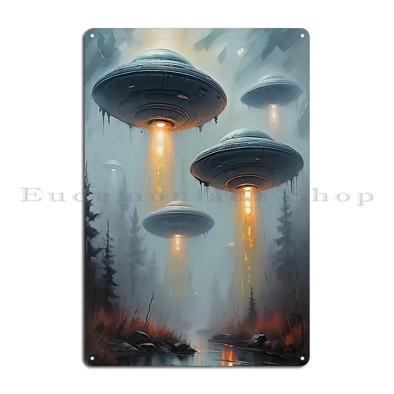 Ufo Invasions Over The River Metal Sign Print Rusty Wall Mural Design Classic Tin Sign Poster