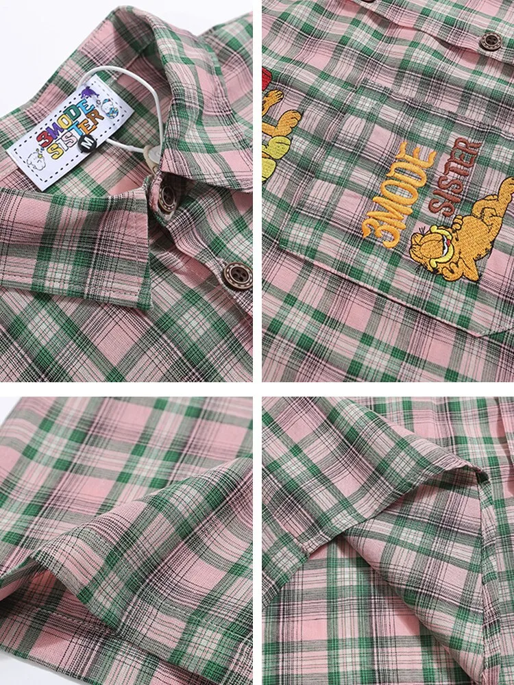 Plaid Cartoon Embroidery Short Sleeve Shirts Mens Summer Retro Streetwear Lapel Single Breasted Half-Sleeve Loose Shirts Cotton