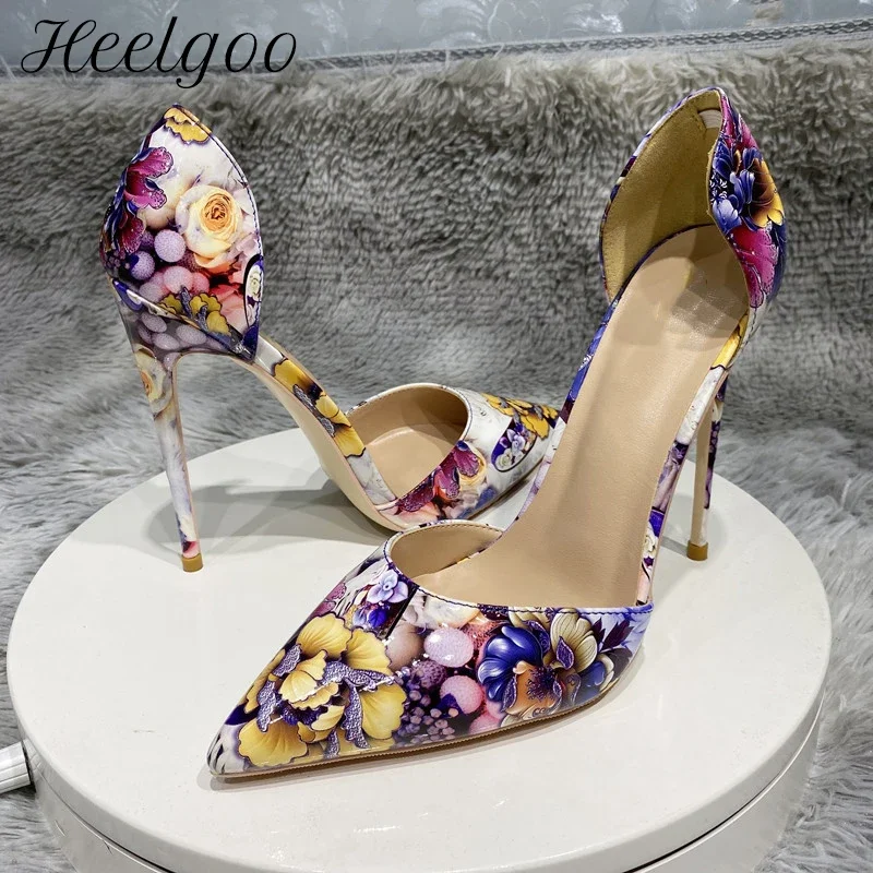 

Heelgoo Дизайнерские пикантные туфли на высоком каблуке 12 см 10 см с цветочным принтом, женские туфли-лодочки на шпильке с острым носком и боковым вырезом